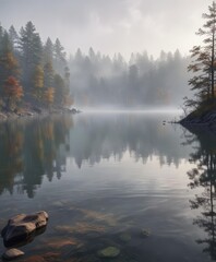 Fototapeta premium Tranquil lake scene under a soft gray mist with ripples, reflection, serenity