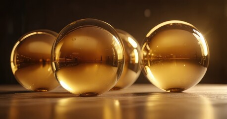 Obraz premium Translucent spherical orbs suspended in a rich golden ambiance, subtle glow, shimmering lights, luxury ambiance