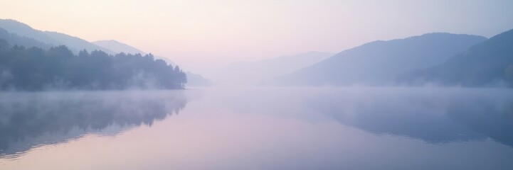 Obraz premium Morning foggy lake with a light gray sky and a violet wave in the distance, scenery, reflection, lake