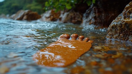 Foot in shallow coastal water, rocks, green foliage background. Relaxing summer vacation imagery
