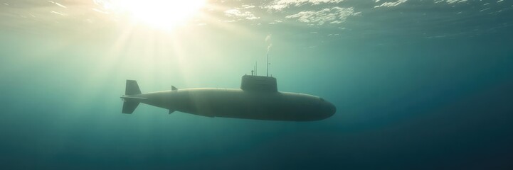 Sunlight filtering through the endless expanse of ocean, casting a tranquil glow on the serene submarine as it gracefully glides beneath the waves, serenity, explore, journey
