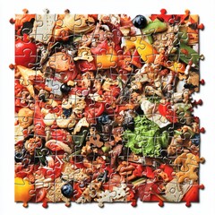 Naklejka premium Vibrant Puzzle Piece Arrangement Featuring Assorted Fresh Vegetables, Fruits, and Nuts on a White Background