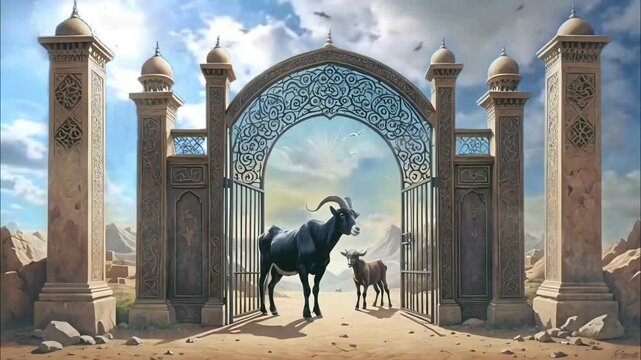 Eid Al Adha festival. Social Media Post, Greeting card with sacrificial sheep,goat and Camel, Eid Mubarak theme. Ai Generated 