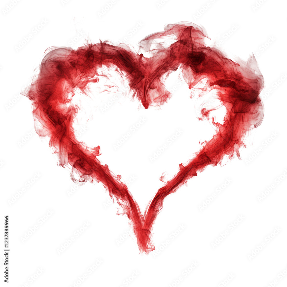 Poster an abstract image depicts a heart shape formed by red smoke against a black background.