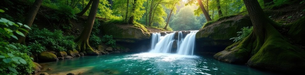 Obraz premium Cascada de agua en un bosque con ?rboles altos, forest with tall trees, cascade