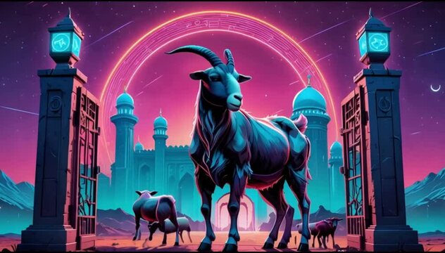 Eid Al Adha festival. Social Media Post, Greeting card with sacrificial sheep,goat and Camel, Eid Mubarak theme. Ai Generated 