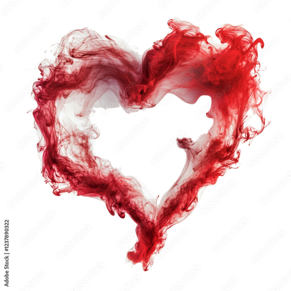 Poster an abstract image depicting a heart shape formed by swirling red ink in water against a black backgr