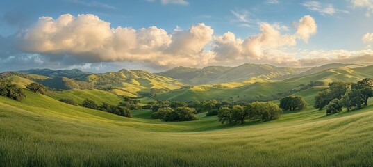 Obraz premium Rolling green hills and valley under a cloudy sky at sunset.