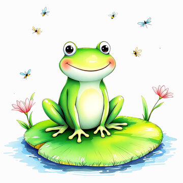 recommend clip art: Cheerful Frog on Lily Pad with Dragonflies | isolated on white background