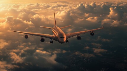 Naklejka premium Airplane flying in the sky - travel background with flying airplane with blank livery