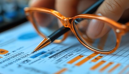 ROI Optimization Hand Analyzing Financial Data Charts with Glasses