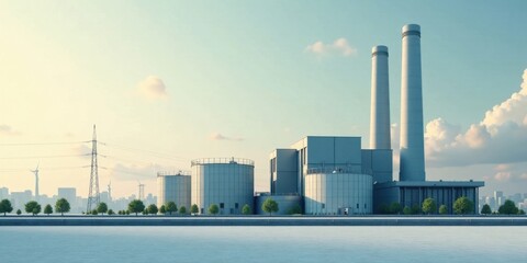 Obraz premium Modern Industrial Power Plant Complex at Dawn with Wind Turbines and Transmission Towers in the Background