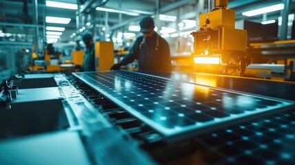 Modern solar panel manufacturing process in industrial factory setting