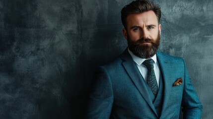 Handsome bearded businessman wearing watch, trendy suit and vest in modern studio against grey wall.