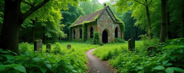 Obraz premium Overgrown graveyard surrounding the ancient church, abandonment, nature, decay