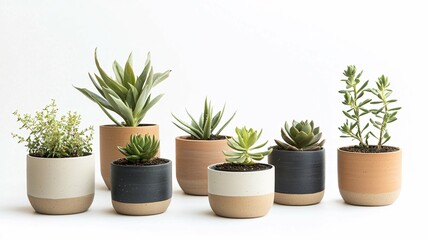 Fototapeta premium Minimalist studio display of diverse planters featuring unique textures and shapes, set against a white background for an appealing aesthetic.