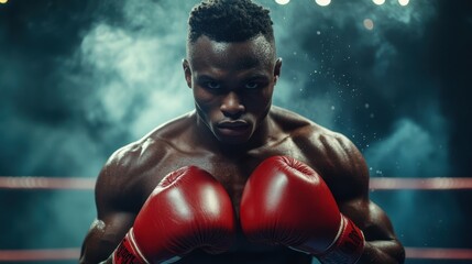 A man wearing boxing gloves strikes a pose against a vivid green background, showcasing his strength and athleticism. The bright green backdrop accentuates the intensity of his stance