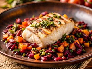 Tasty grilled fish resting on carrot and beet relish in tomato sauce. Delicious Food background
