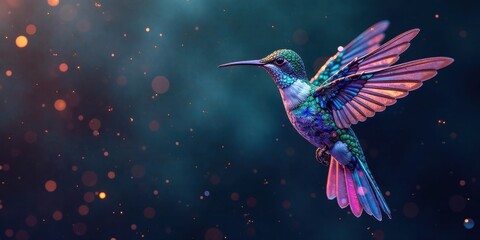 Obraz premium A Vibrant Hummingbird in Flight, Surrounded by Sparkling Dust and Glimmering Lights