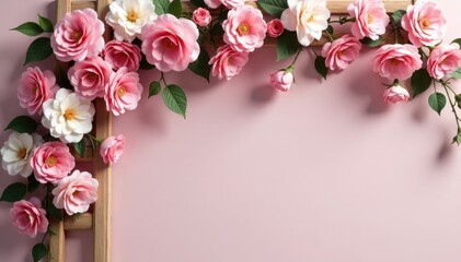 Pastel pink flower garland on a wooden trellis, effortless charm, pink, florals