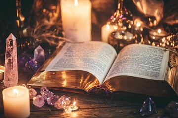 A glowing open book on a wooden table, surrounded by candles and crystals, invites self-discovery and spiritual growth.