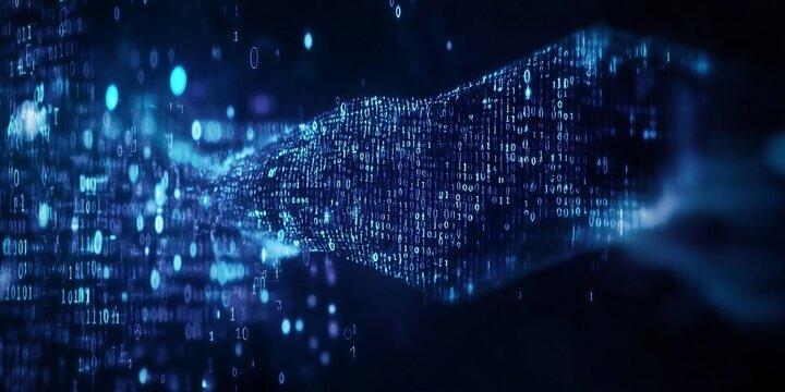A futuristic digital cyberspace with glowing blue particles and intricate data network connections, symbolizing advanced technology and artificial intelligence. Floating binary codes and luminous node