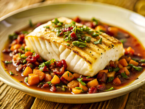 Tasty grilled fish resting on carrot and beet relish in tomato sauce. Delicious Food background