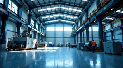 Fototapeta premium Vast Industrial Facility Modern Manufacturing Space with High Ceilings, Steel Beams, and Industrial Machinery