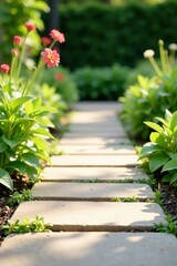 Sunlit Garden Path Flanked by Lush Greenery and Delicate Pink Blooms
