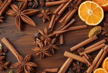 Star anise and cinnamon sticks arranged in a decorative pattern on a wooden cutting board with a hint of citrus, aromatic spices, decorative pattern, wooden cutting board