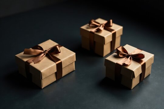 Three modestly sized kraft paper gift boxes adorned with chocolate brown satin ribbons, arranged on a dark surface, convey a sense of understated elegance and thoughtful presentation.
