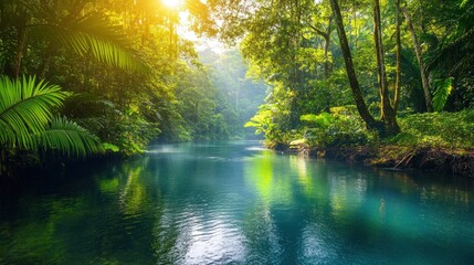 Obraz premium A serene river scene in a lush, green jungle with sunlight filtering through the trees.
