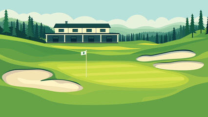 Home House Building in Golf Sport Field Nature Landscape with Mountains View in the Morning