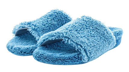 Pair of soft blue fluffy slippers isolated on transparent background