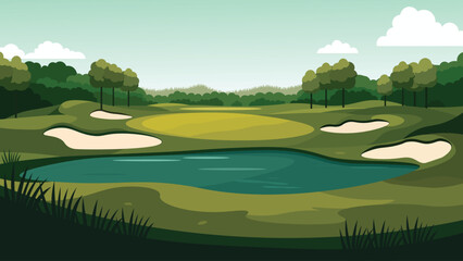 Green Golf Sport Field Nature Landscape with Mountains View in Bright Sky