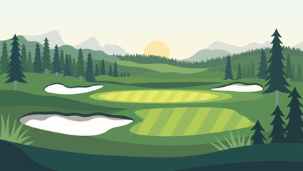 Golf Sport Field Nature Landscape with Mountains View in the Morning
