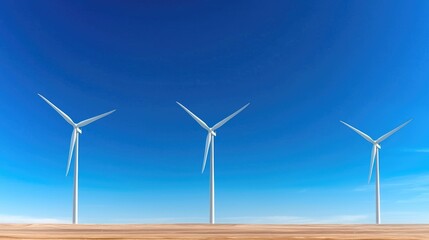 Three wind turbines on a sunny day, clear blue sky, renewable energy