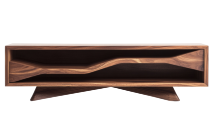 A modern walnut wood media console features a unique, wave-shaped shelf design and angular legs.