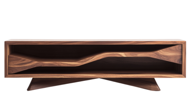 A modern walnut wood media console features a unique, wave-shaped shelf design and angular legs.