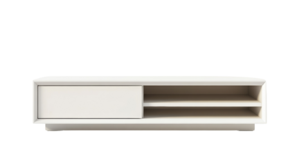 A sleek modern white entertainment center featuring a sliding door and two open shelves for media storage.