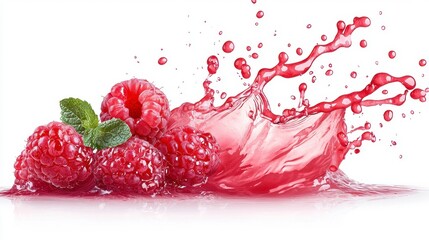 Red Raspberry Juice Splash With Mint Leaf On White Background