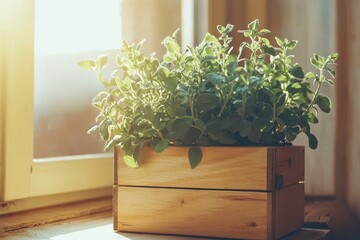 Fresh Herbs in Wooden Planter on Sunlit Windowsill