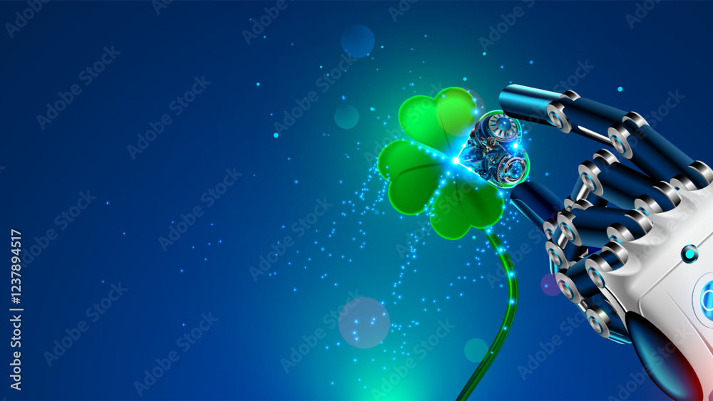 Poster AI robot hand holds a four-leaf clover, symbol of good luck. Online bot brings good luck on betting, gambling and trading exchanges. Four leaf clover in arm humanoid cyborg or ai robot. internet bot.