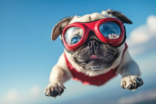 Pug in red goggles soaring through the sky outdoor adventure animal photography bright blue background playful concept