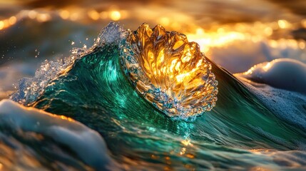 Close-up of an emerald green wave in the ocean, captured from inside its barrel at sunrise, showcasing the vibrant colors and dynamic energy of surfing 