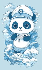 Obraz premium Cute Panda Sailor Holding Fish Ocean Waves Cartoon Illustration