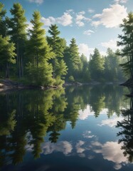 Obraz premium The reflection of trees and sky on the calm surface of a peaceful lake, peaceful, scenery