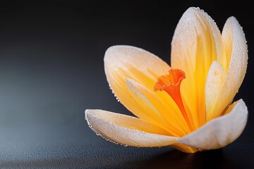 A close-up of a single orange crocus flower covered in dewdrops, with delicate translucent petals and a vibrant orange stigma, set against a dark gradient background