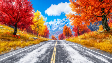 Fototapeta premium Deserted road leading to snowy mountains through vibrant autumn trees
