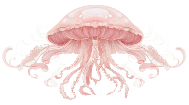 Pink jellyfish floating with transparent background and decorative white swirls